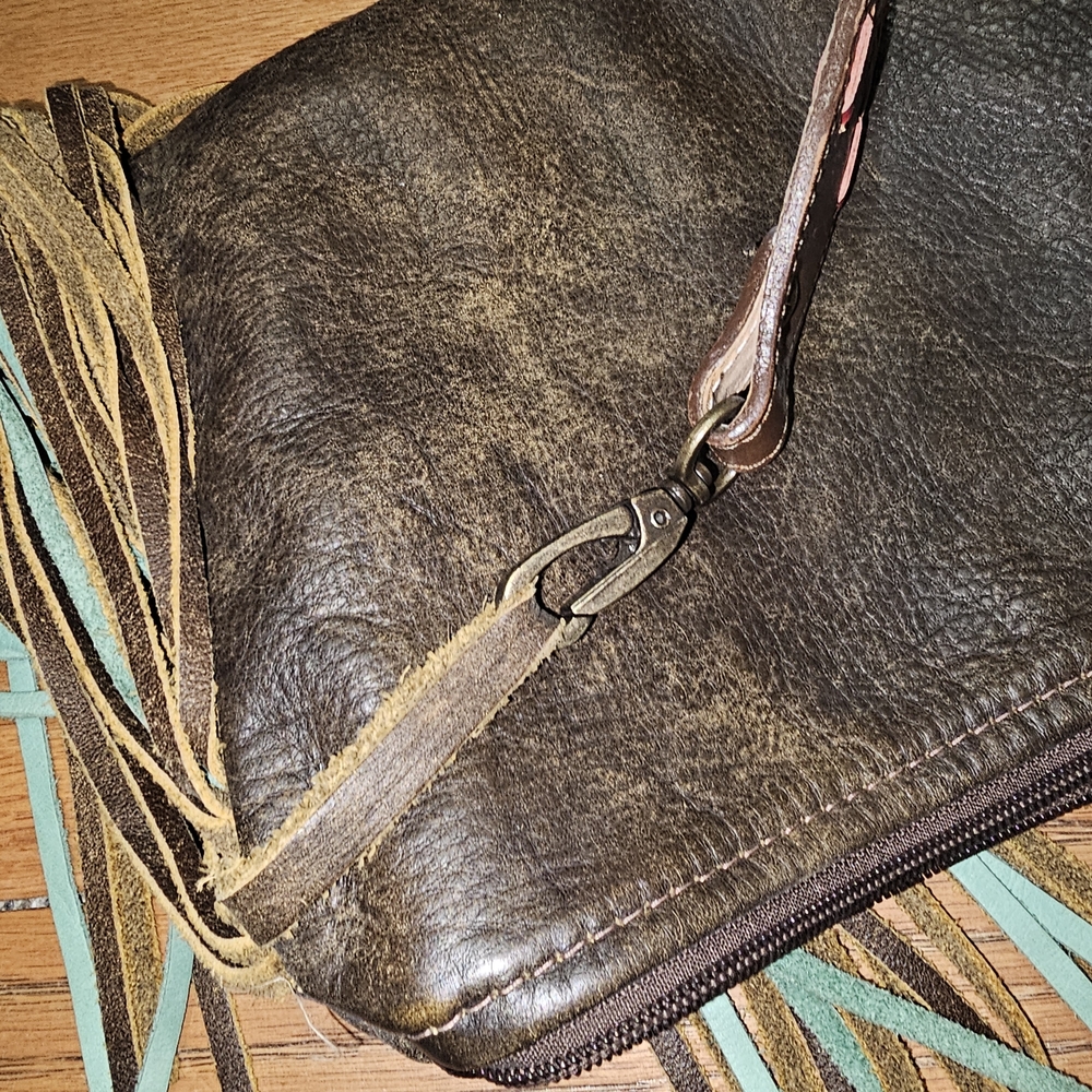 Western Brown and Teal Crossbody Bag with Fringe - Picture 10 of 10